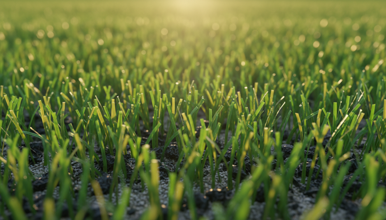 Close-up macro shot of synthetic turf fibers showing dual-tone blades and precision infill