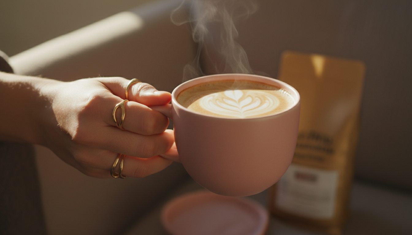 Close-up of hand holding a pink ceramic coffee mug