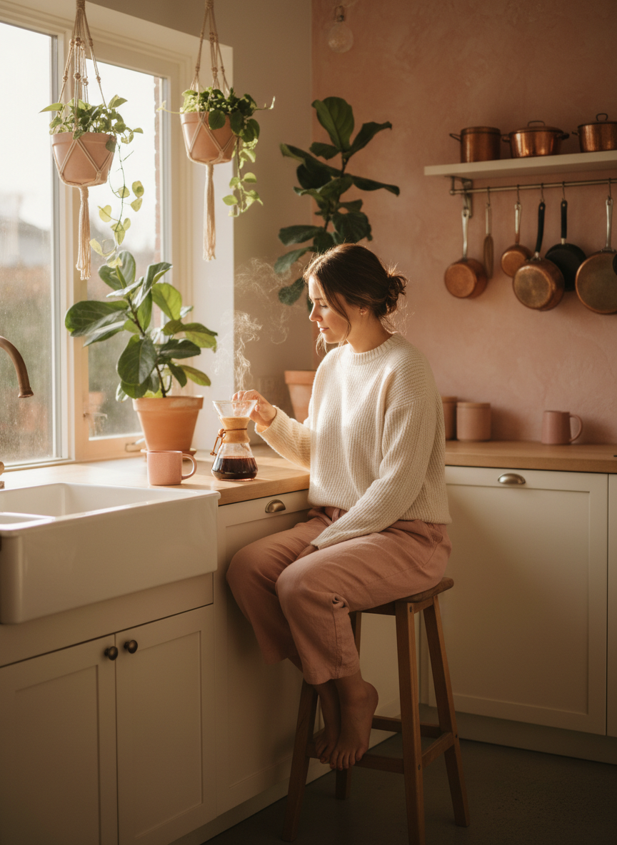 Taylor, founder of Pretty Caffeinated, in a sun-drenched kitchen