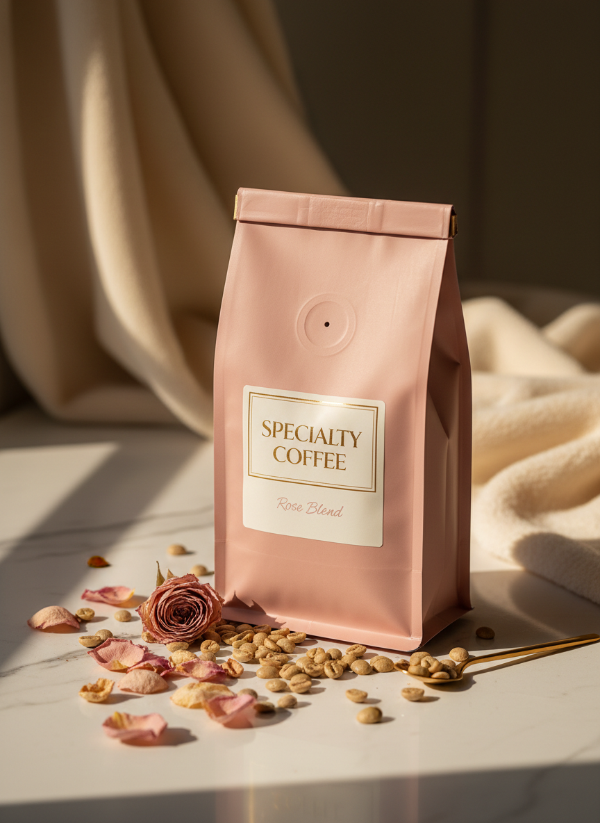 Pretty Caffeinated signature coffee bag on marble with rose petals