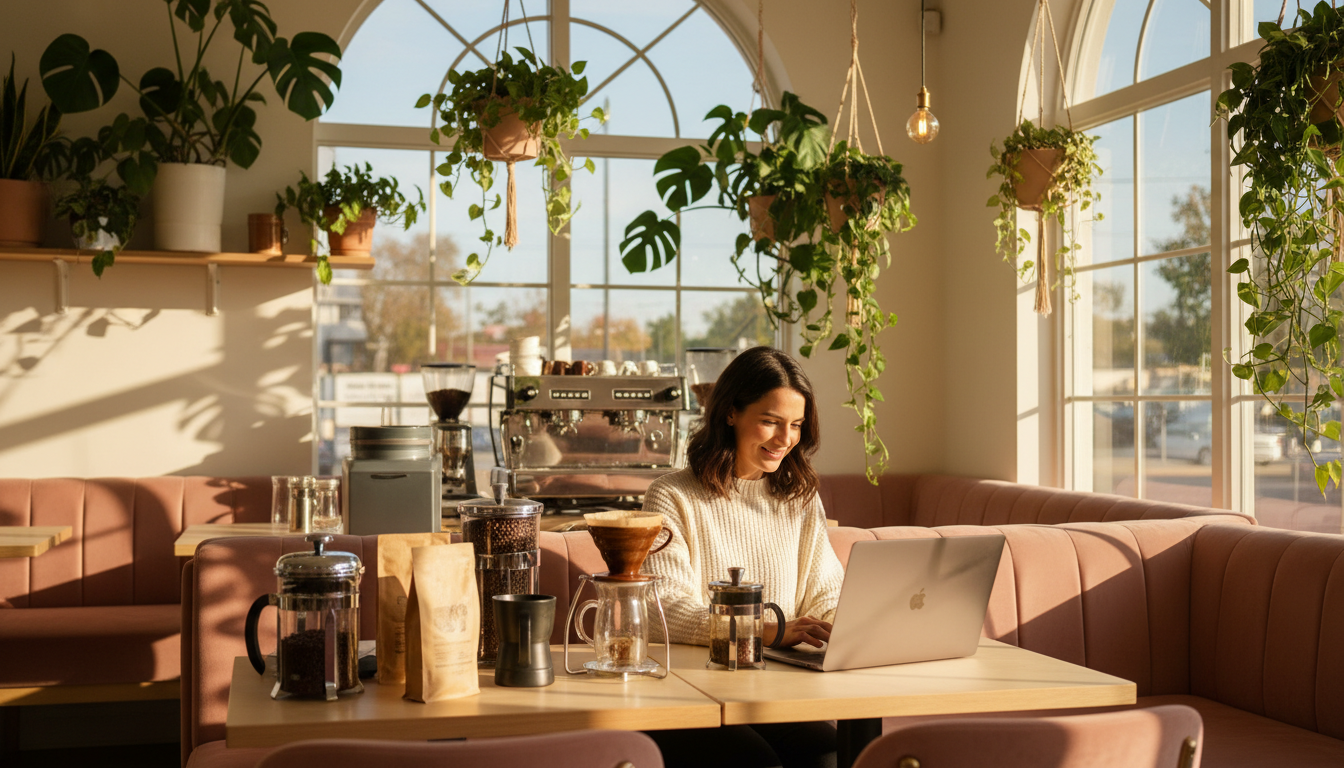 Taylor in a beautiful light-filled café