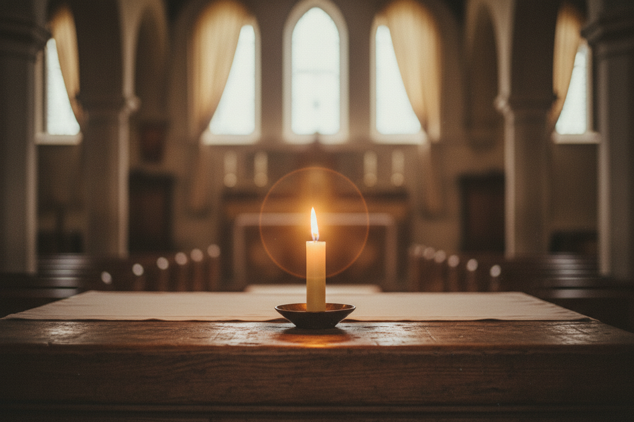 A candle burning in a peaceful church setting, symbolizing generosity
