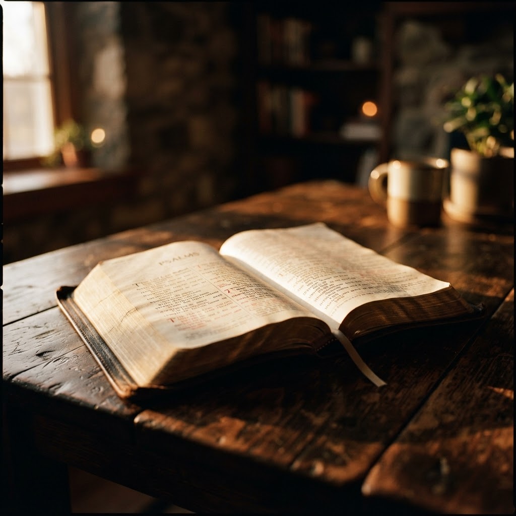 An open Bible bathed in warm morning light