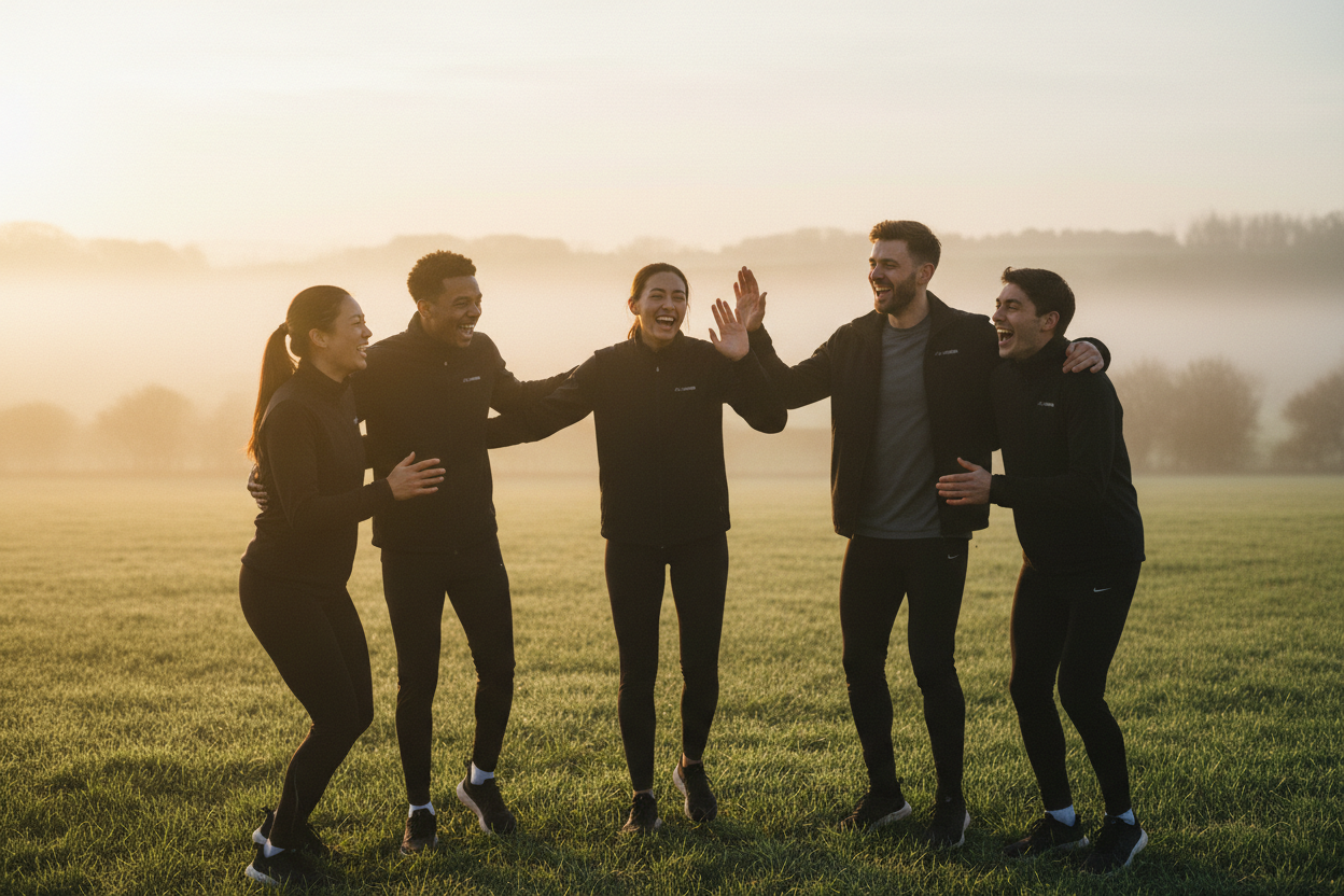 Sunrise Warriors tribe laughing together after a dawn session