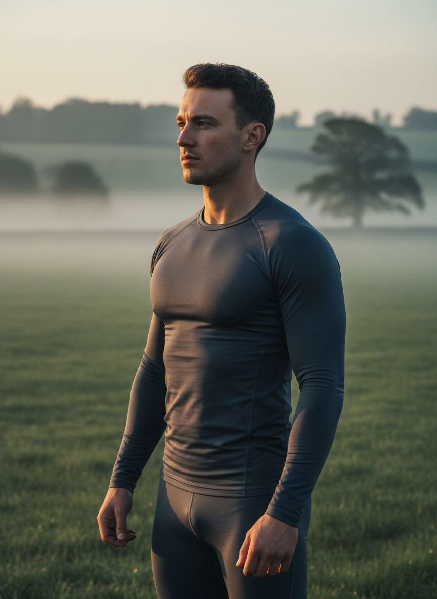 Warrior standing in misty Hampshire field at dawn