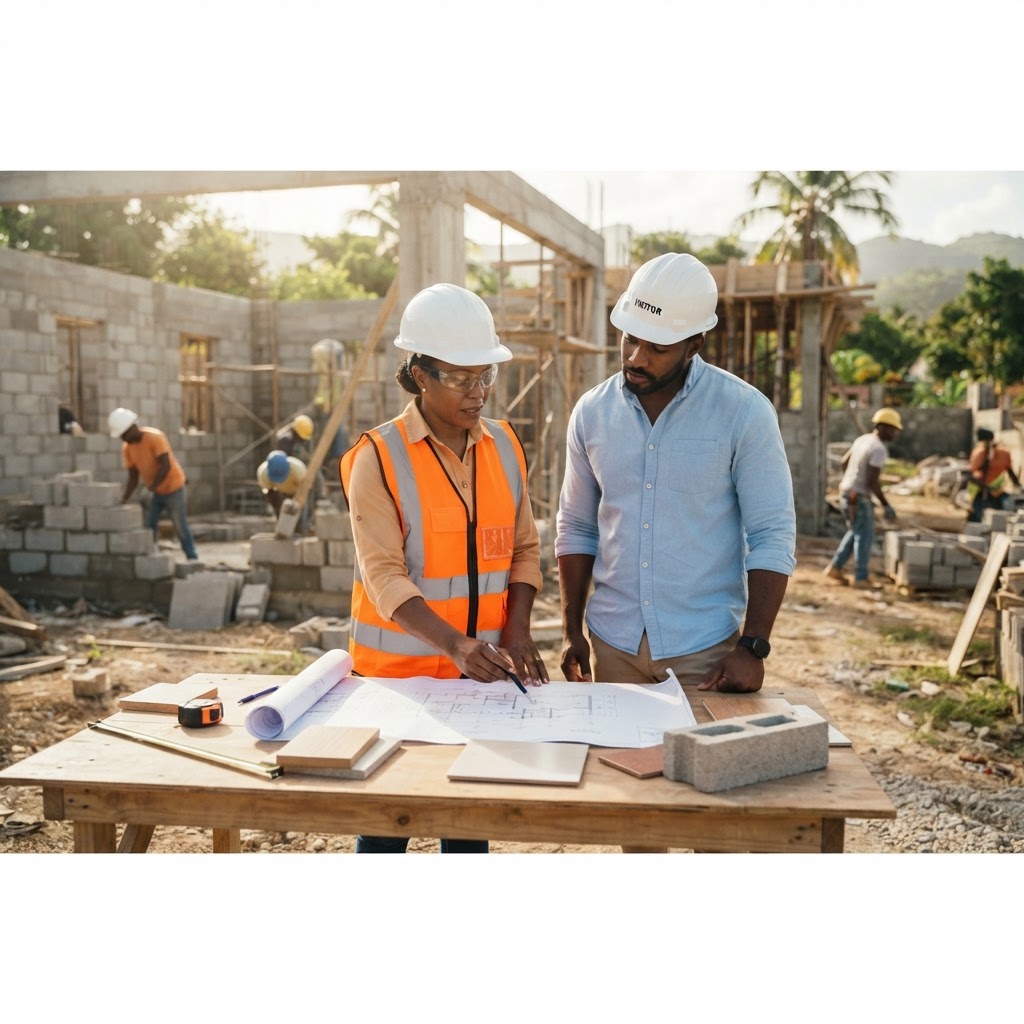 A JLove construction professional reviewing plans and material options with a client at a well-managed project site in Jamaica.