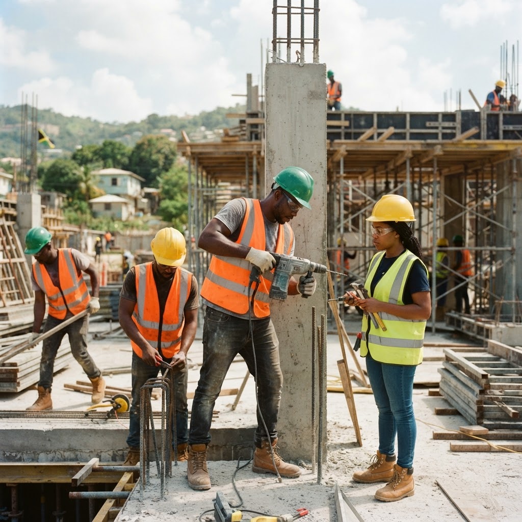 An organized JLove construction crew working on schedule with proper safety equipment at a Jamaican building site.