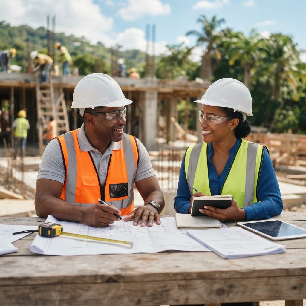 A transparent on-site discussion between a JLove contractor and a client, with drawings and progress documentation clearly visible.