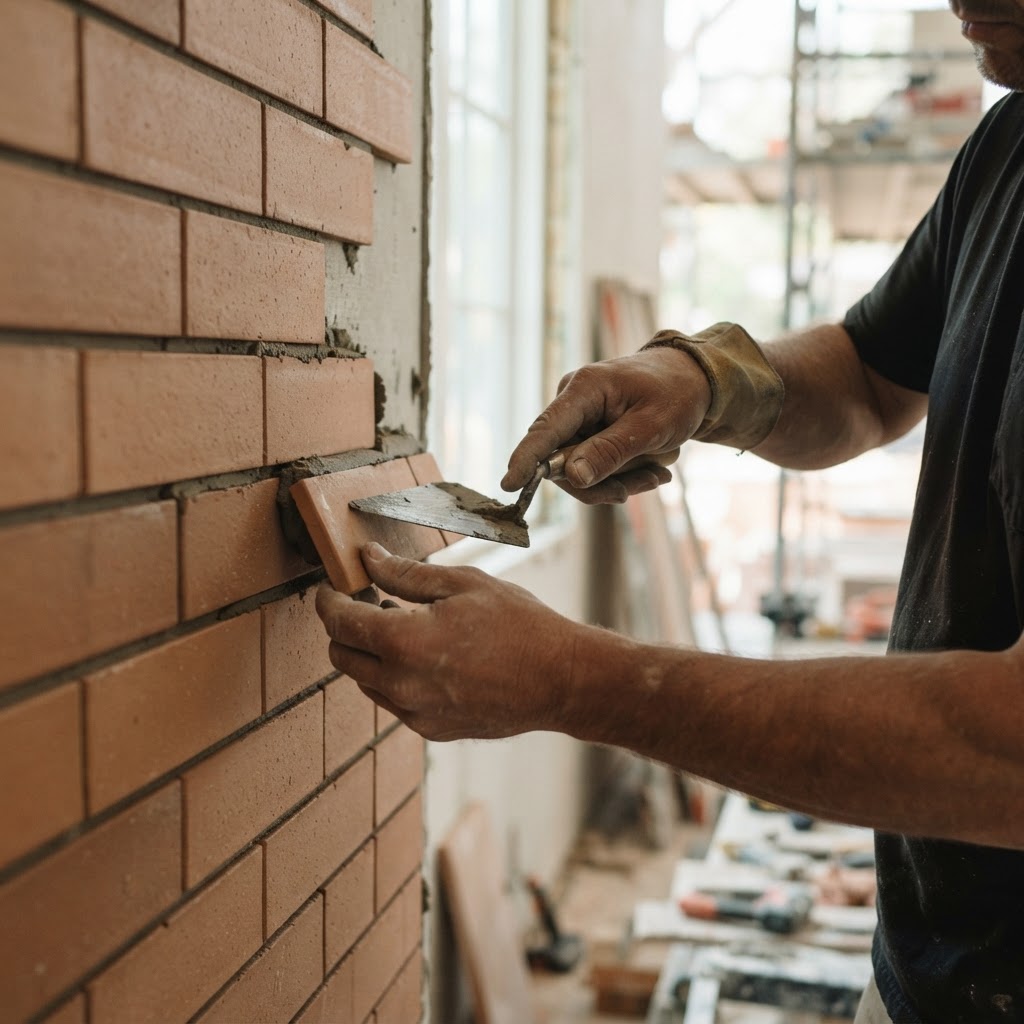 A close-up of precise masonry and premium finishing craftsmanship completed by the JLove construction team.