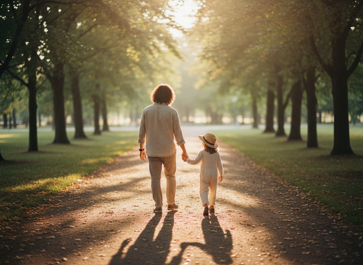 Family walking together on a sunlit park pathway, representing guidance and support