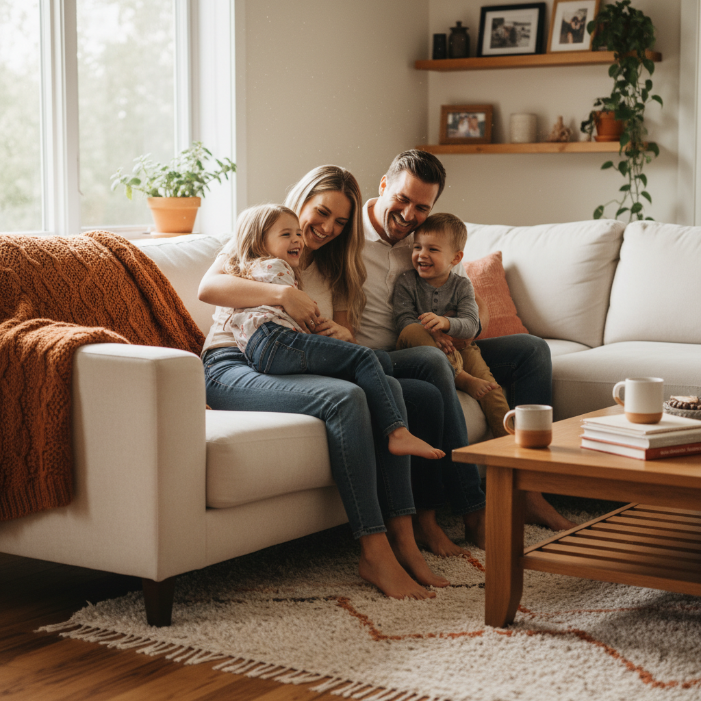 Warm family moment at home with parents and children