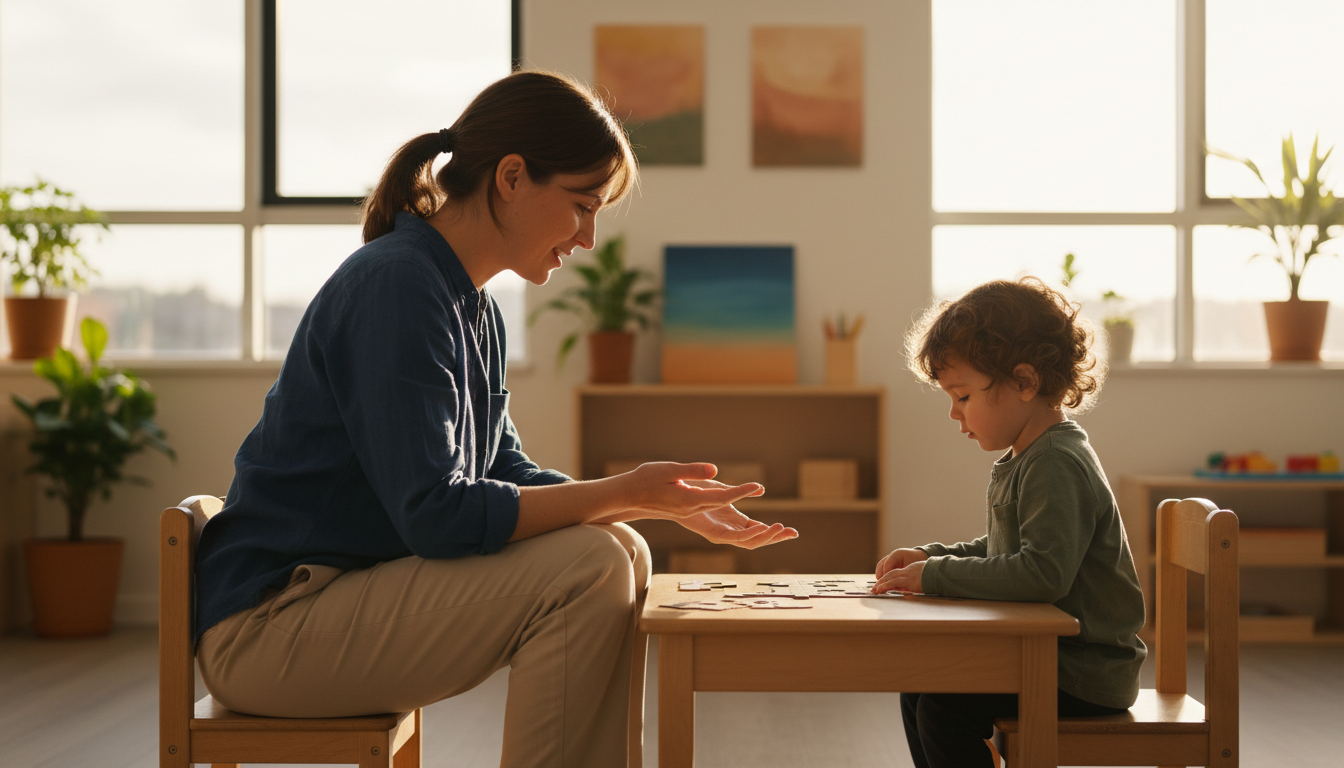 Behavioral consultant working with a child in a warm, sunlit classroom
