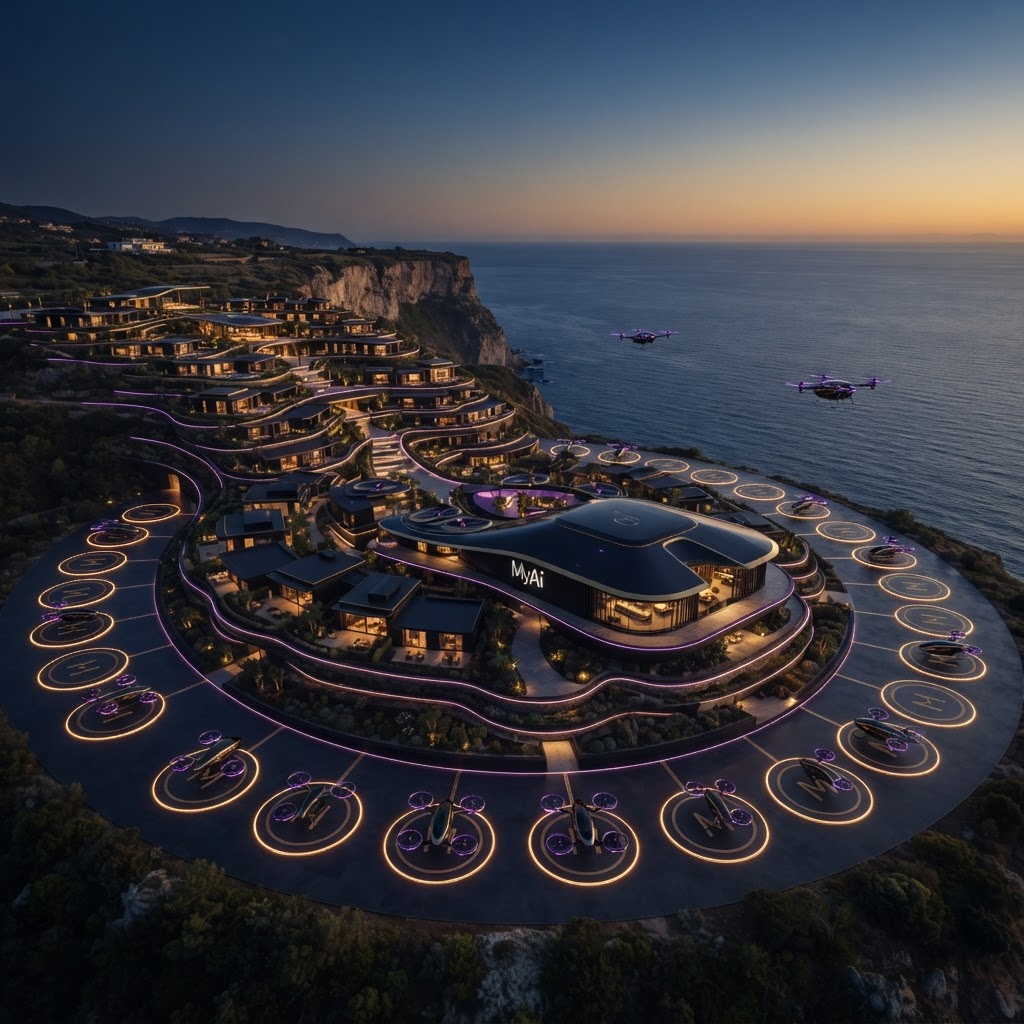 MyAi vertiport destination village, wide aerial view