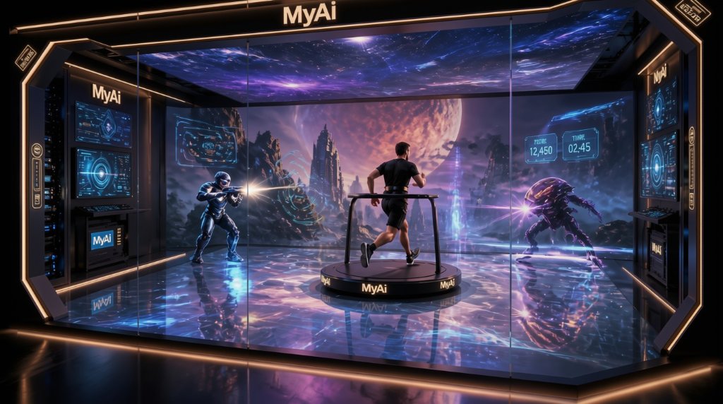 MyAi Holodeck technical visualization with edge AI clusters and treadmill