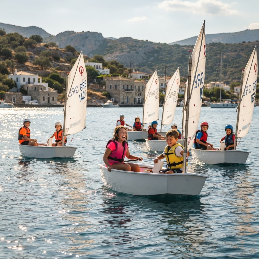 Μικροί ιστιοπλόοι σε σκάφη Optimist στη θάλασσα της Αρτέμιδας