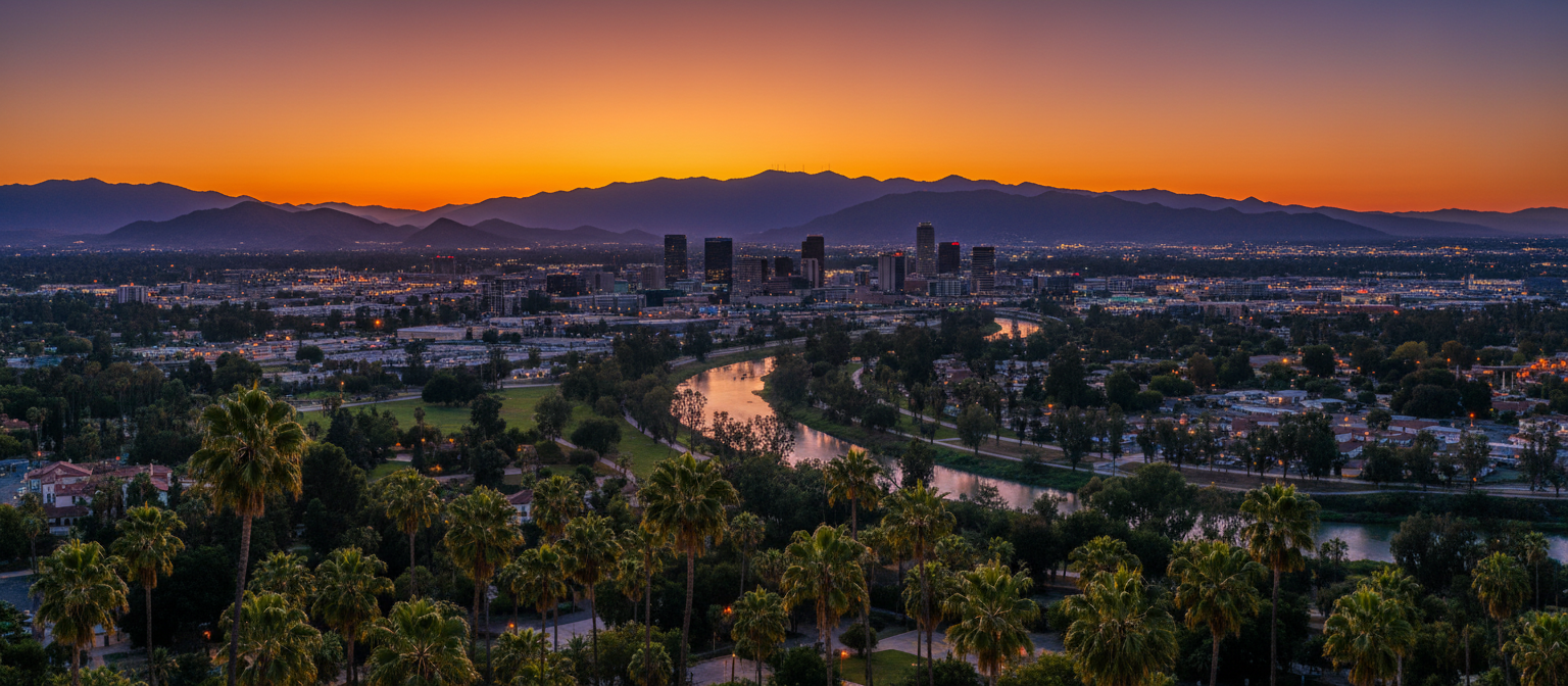 Aerial view of Riverside California at sunset