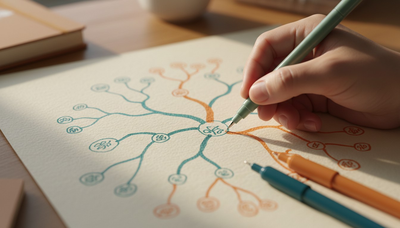 Main dessinant un mind map coloré