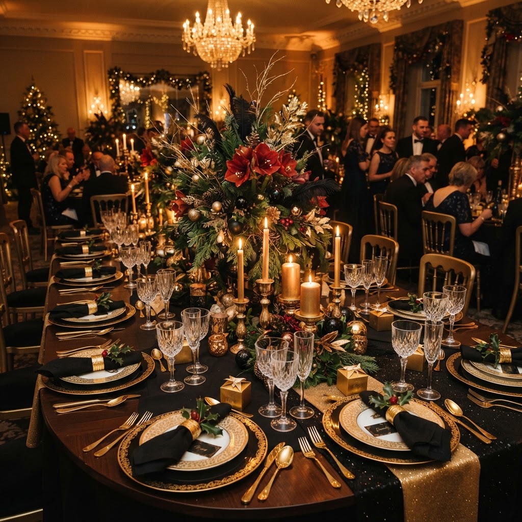 Holiday banquet table with gold and black decor