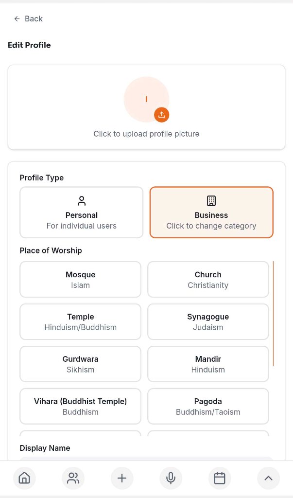 Edit profile screen with profile type and place of worship selection