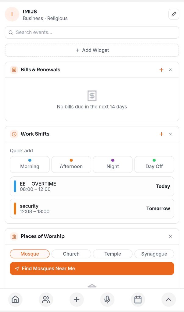 Dashboard with widgets for bills, work shifts, and places of worship