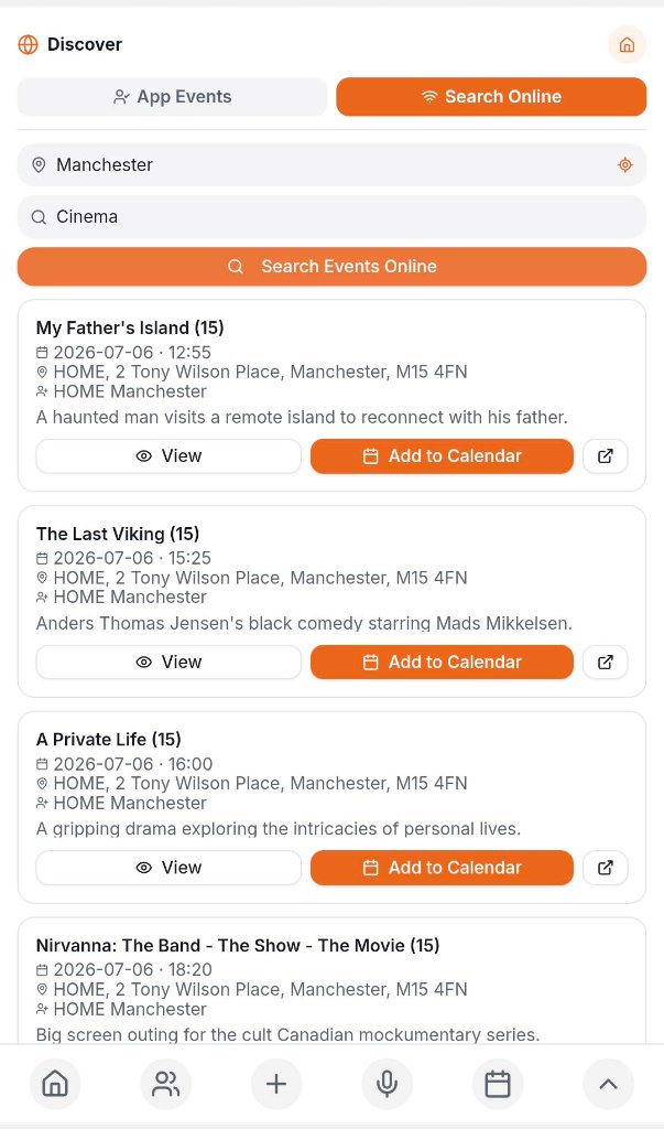 Online event search results with location and keyword filters