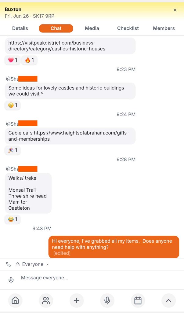 Event chat with message bubbles and reactions