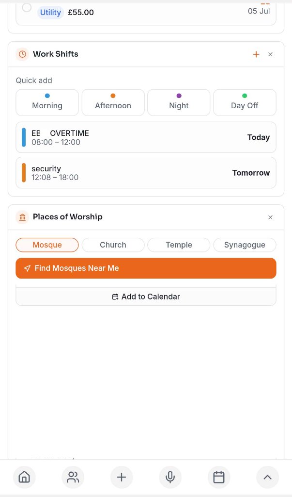 Work shifts and places of worship widgets on the dashboard