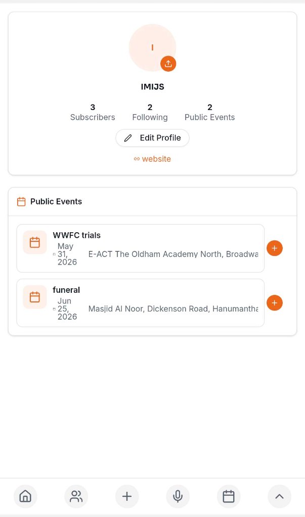 User profile page showing stats and public events