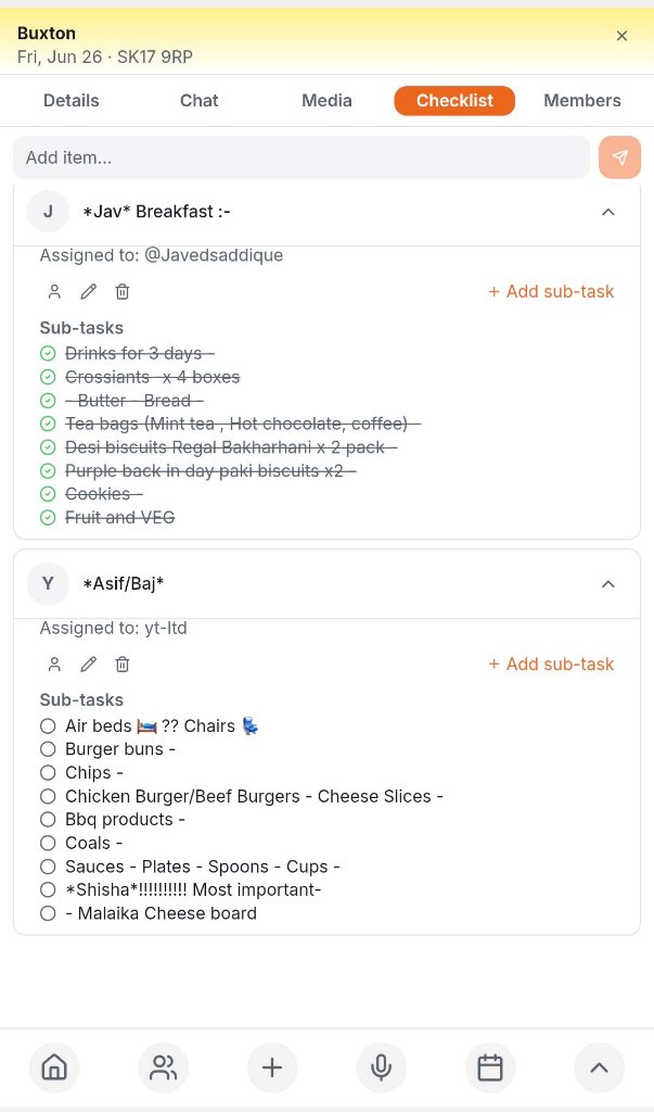 Checklist tab with task cards and sub-tasks