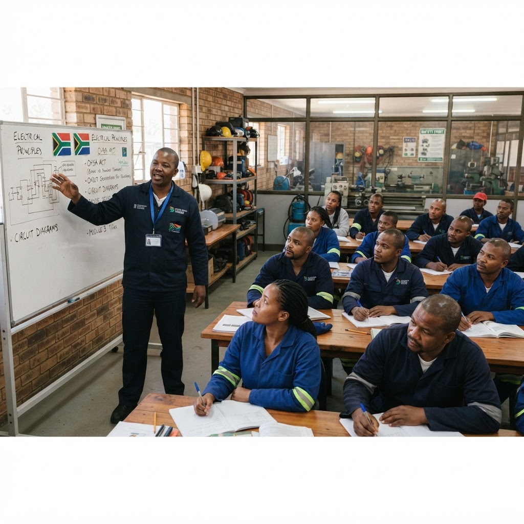 FDT instructor leading a classroom theory session with adult African learners