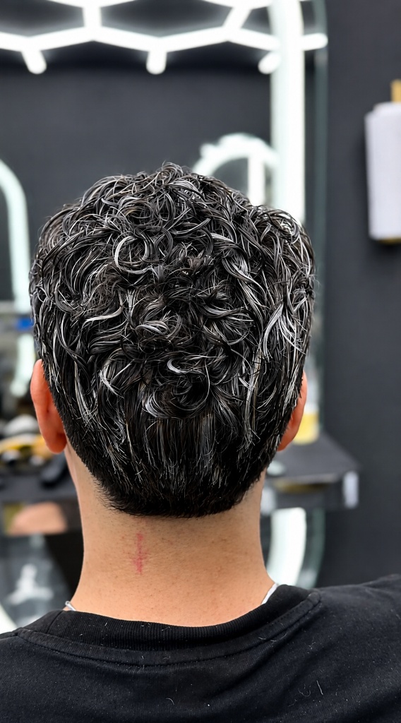 Deluxe Barbier – Curly Fade mit Highlights von hinten