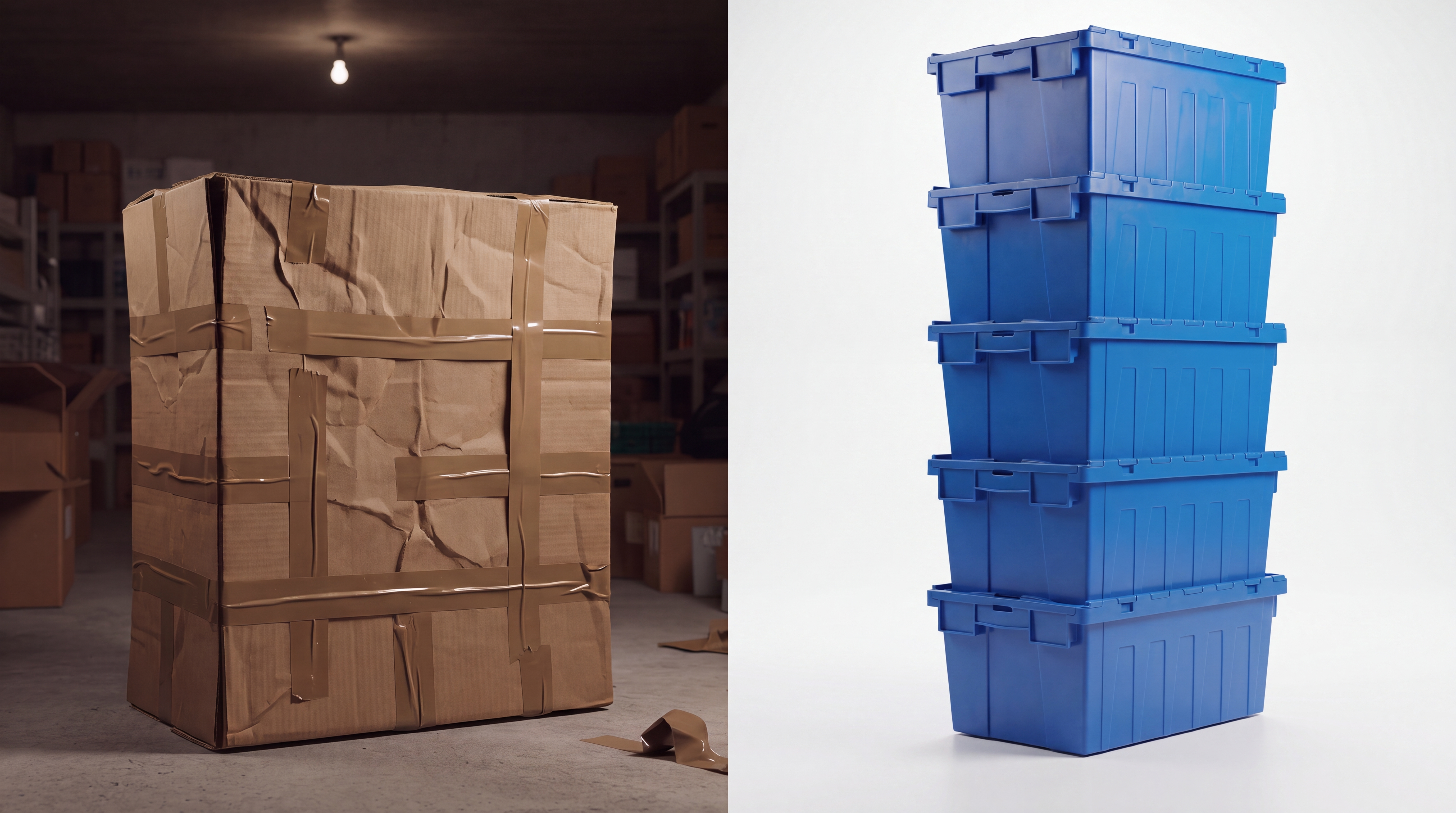 Comparison: crumpled cardboard vs perfectly stacked blue crates