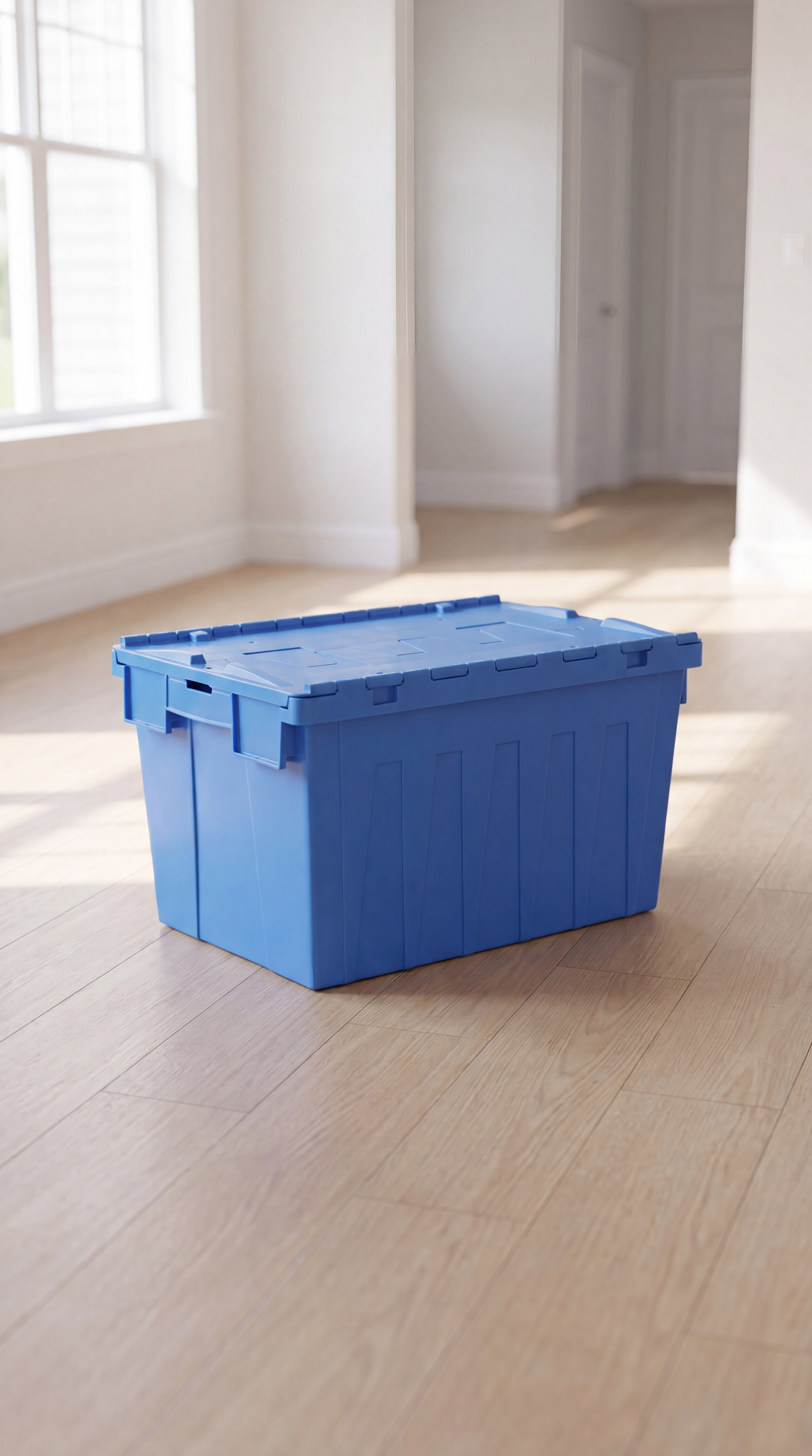 A pristine blue moving crate on a light oak floor in a sun-drenched modern space