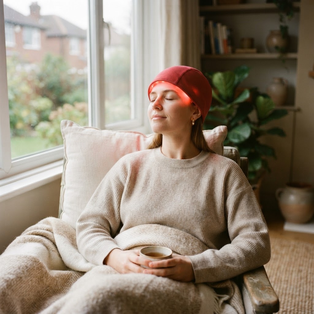 Woman relaxing in the red light therapy cap