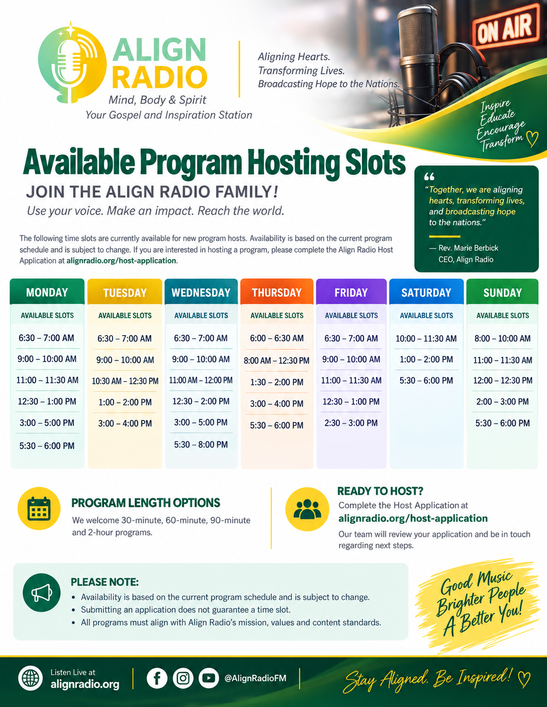 Align Radio Available Program Hosting Slots — weekly schedule of open time slots