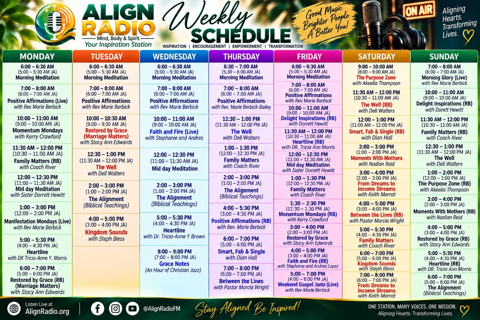 Align Radio Weekly Schedule — full day-by-day program lineup, Monday through Sunday