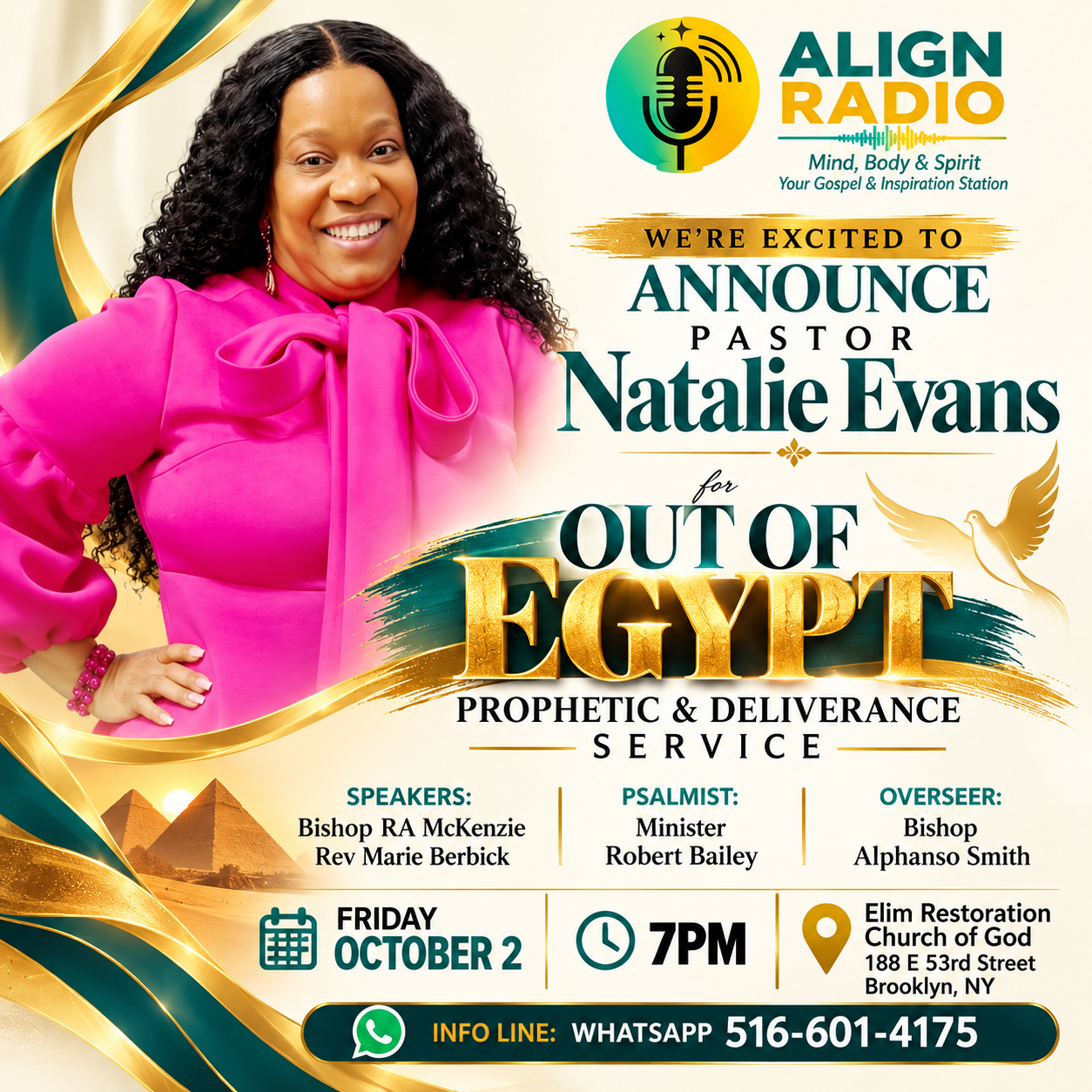 Pastor Natalie Evans — Out of Egypt Prophetic & Deliverance Service, Friday October 2 at 7PM