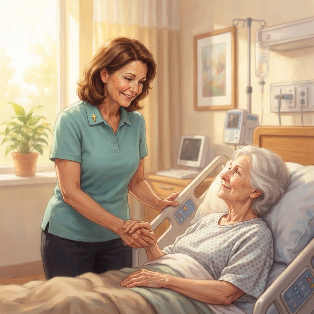 Hospital chaplain offering comfort and prayer to a patient