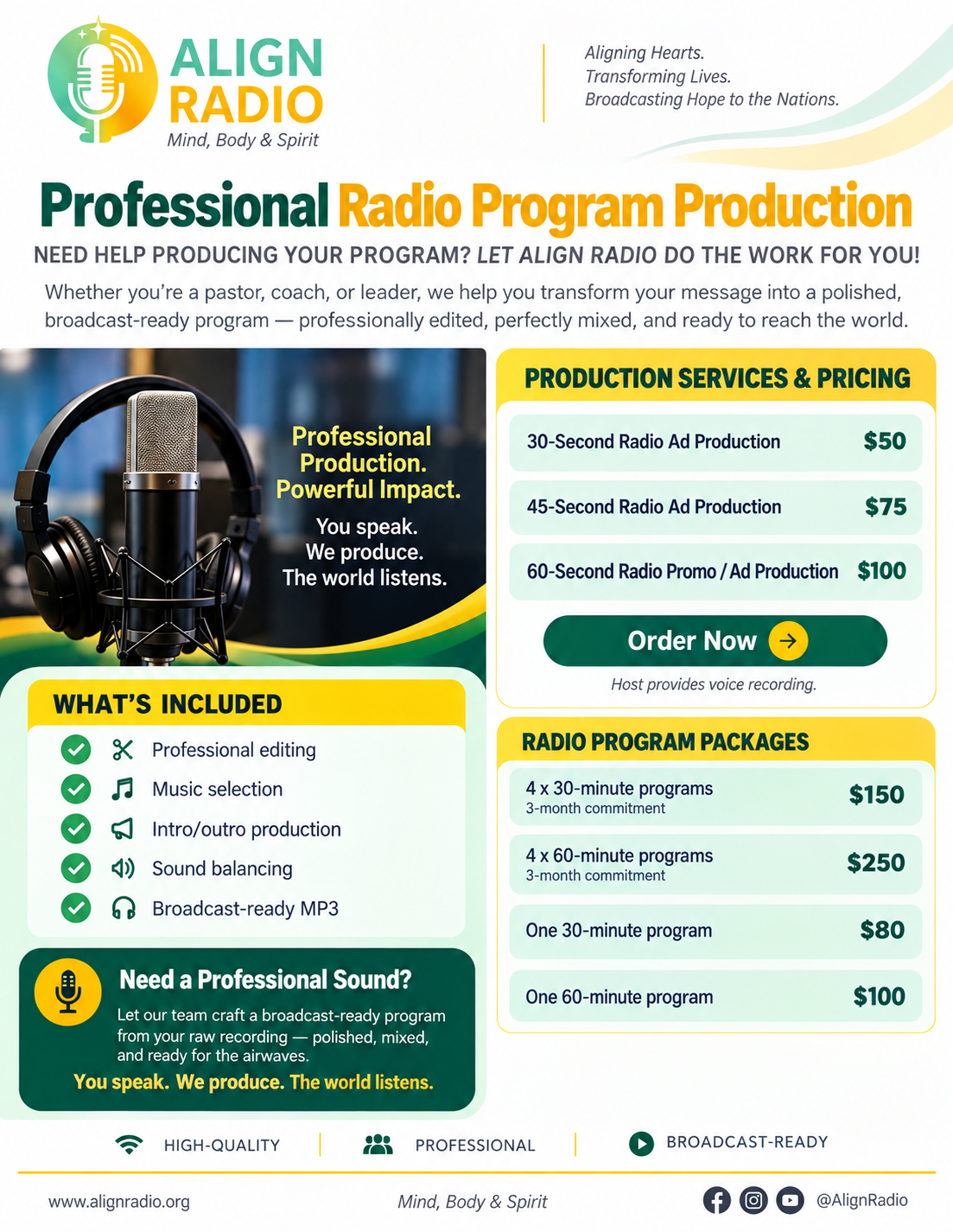 Align Radio Professional Radio Program Production services and pricing flyer