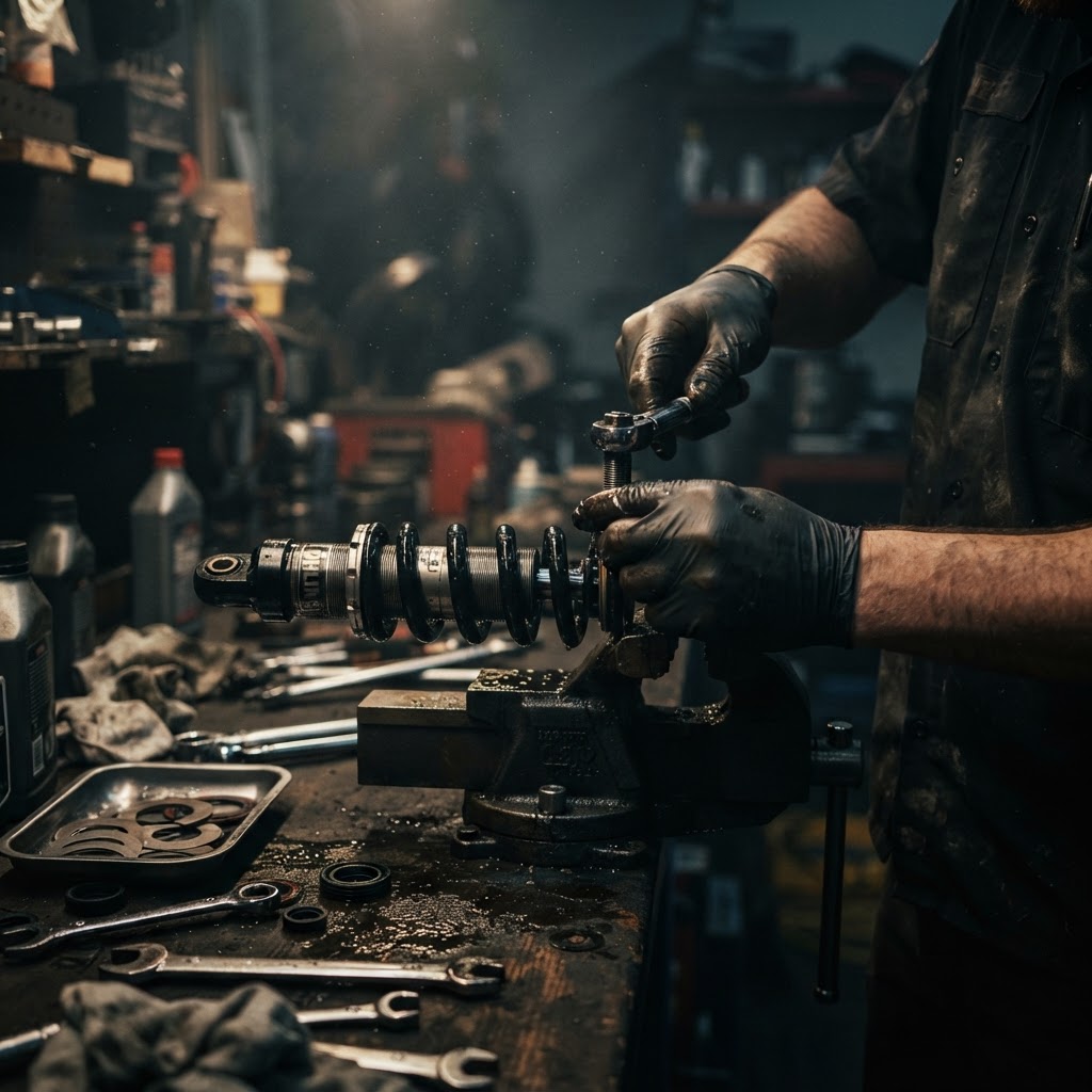 Professional racing shock rebuilding close-up