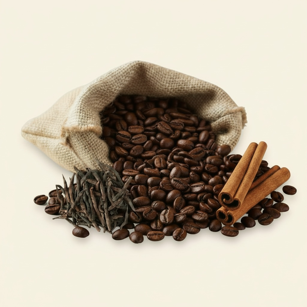 Burlap sack of coffee beans with cinnamon sticks and Selim grains