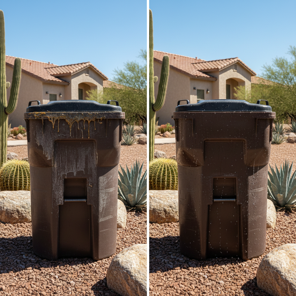Dirty trash can before professional cleaning service in Arizona