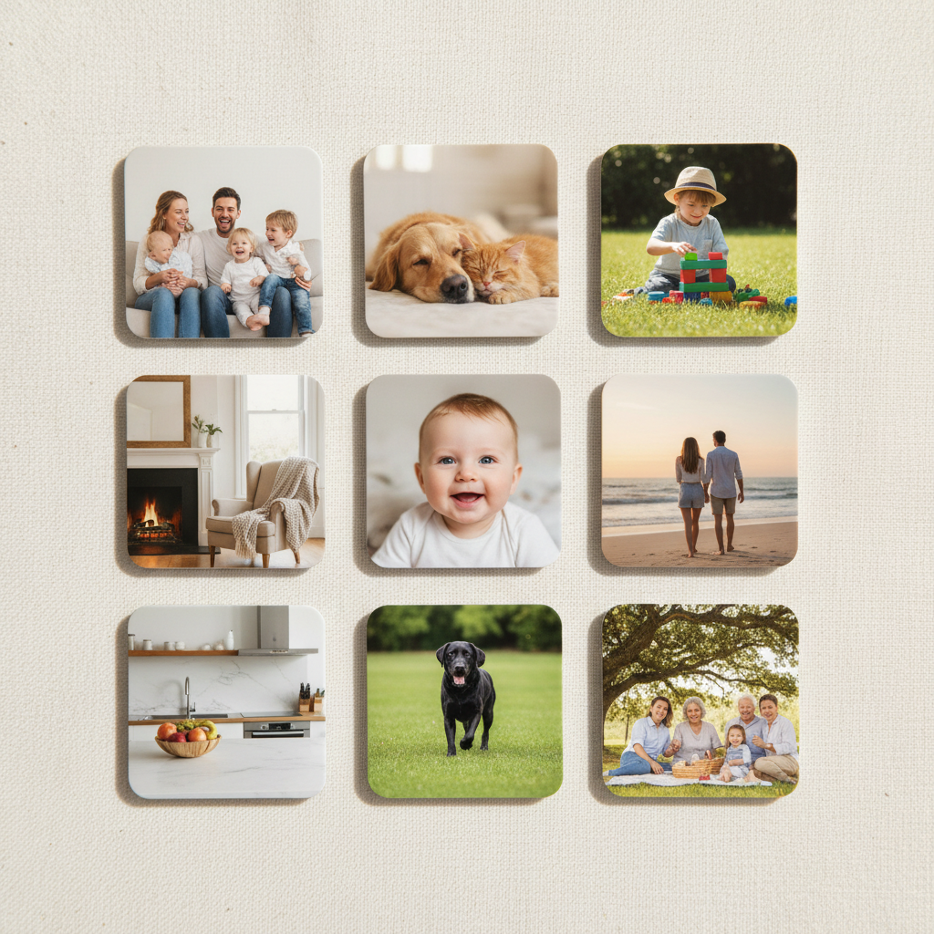 Set of 9 square photo magnets arranged in a grid