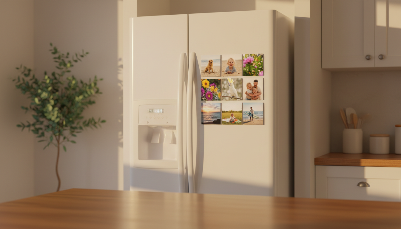 A sun-drenched Australian kitchen with square photo magnets on a clean white fridge