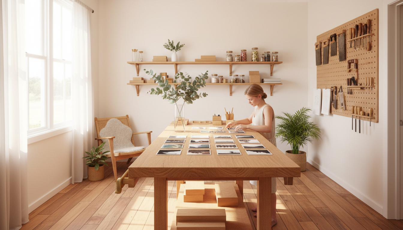 The Magnet Moments studio in Ballarat, with natural wood surfaces and photo magnets being carefully arranged