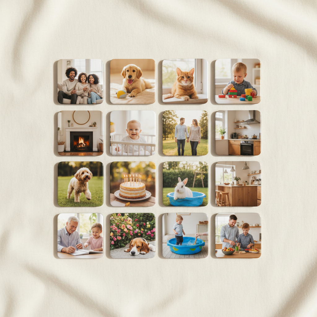 Set of 16 square photo magnets arranged in a grid