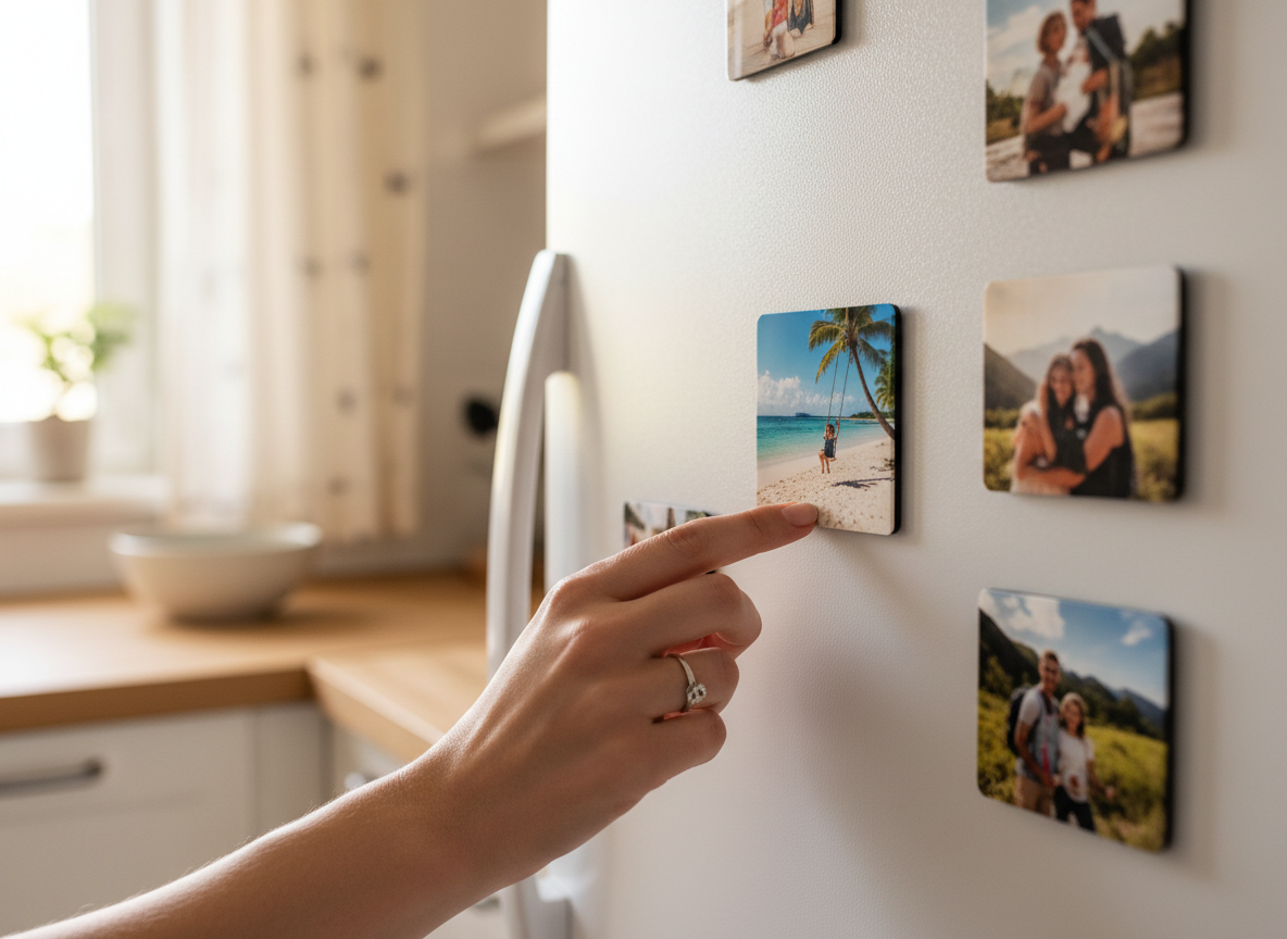 A hand gently placing a square photo magnet onto a clean white refrigerator