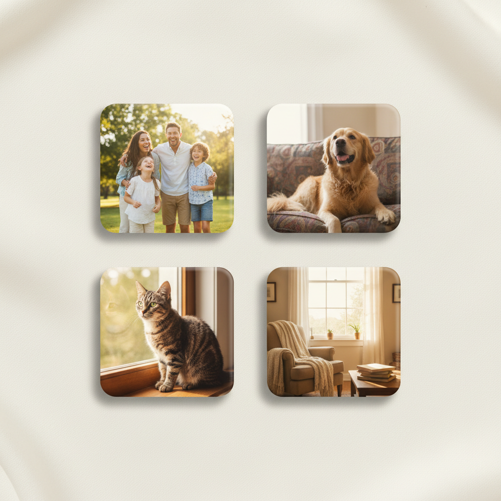 Set of 4 square photo magnets arranged in a grid