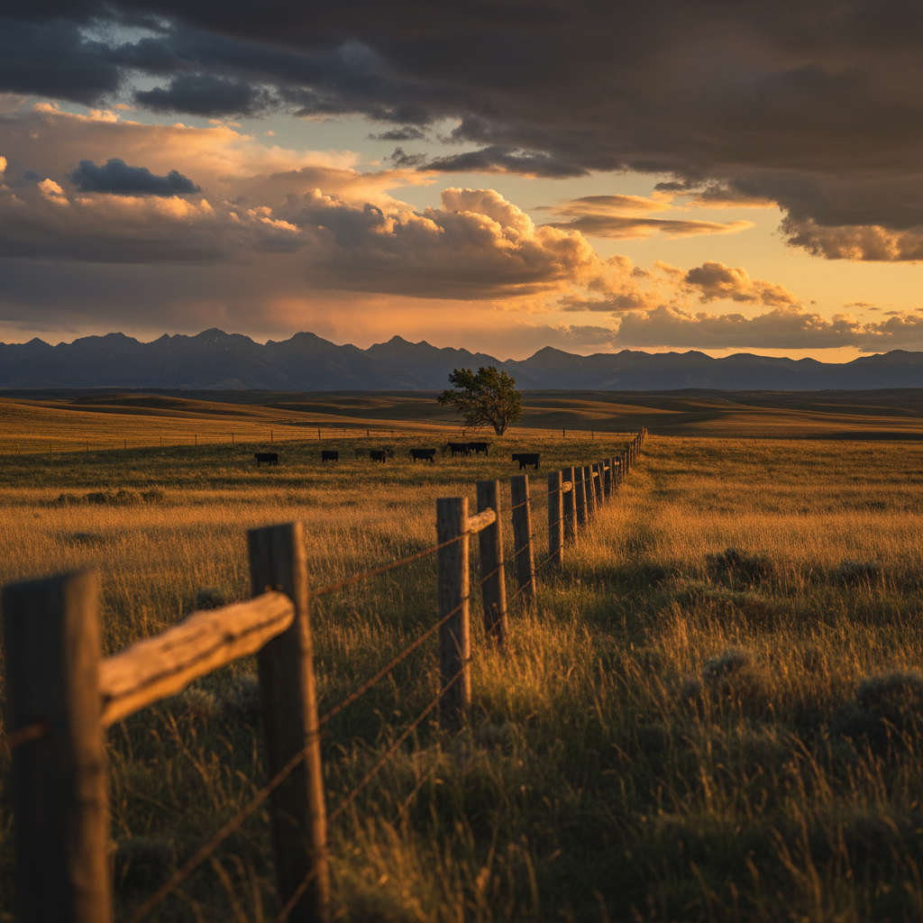 Alberta ranch at golden hour — weathered fence, golden prairie, distant Rocky Mountains under a vast dramatic sky