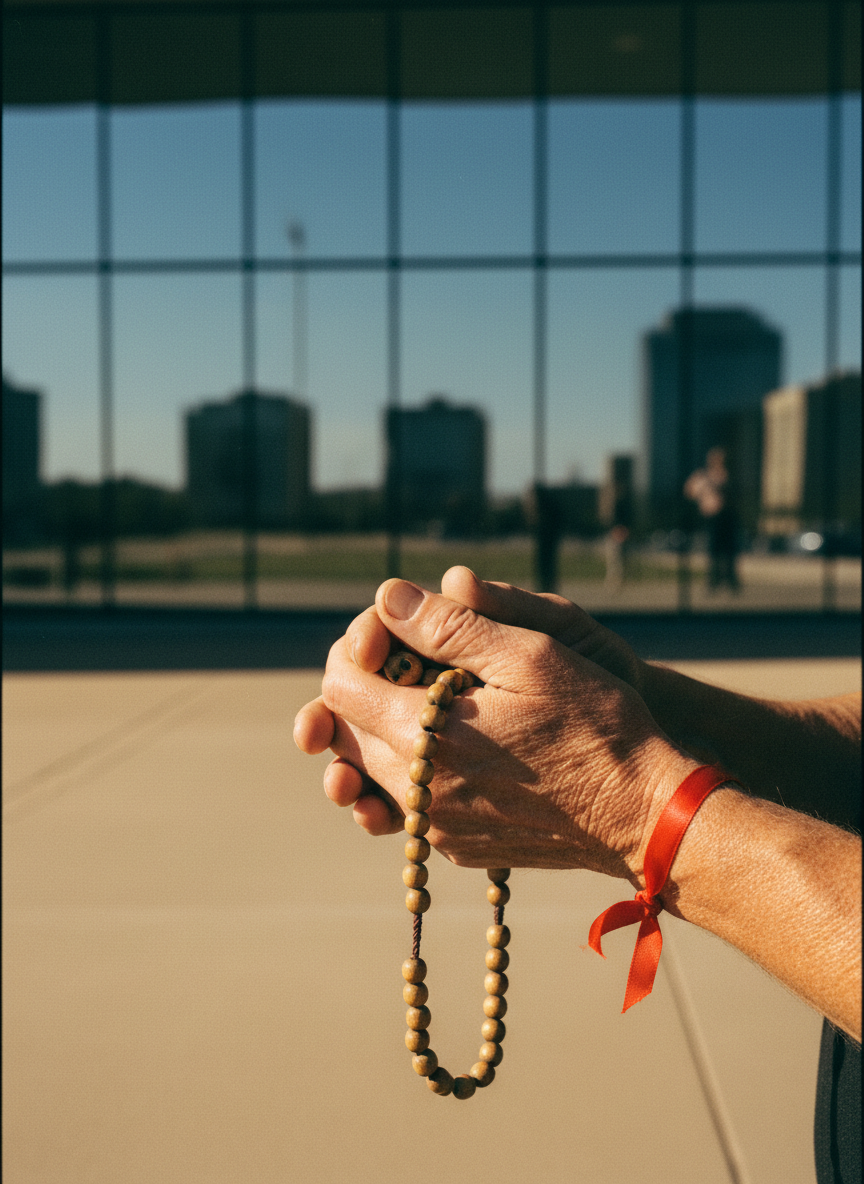Weathered hands holding a rosary outside a modern legislative building